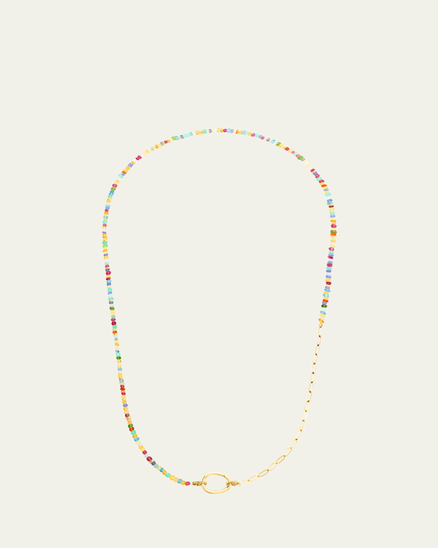 18K Yellow Gold Lien Pierres Long Necklace with Multi-Color Gemstones